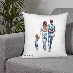 Cadou pentru Familie - Perna Personalizata Familie Acuarela Jeans, 40x40 cm, Alb Pufos, Husa Detasabila, Perna Inclusa, BEKZ®