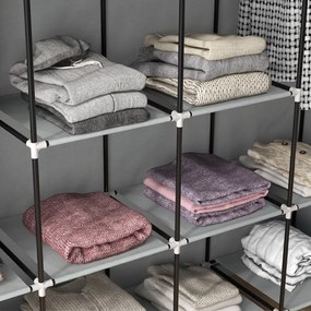 HOMCOM Dulap Portabil din Material Textil și Oțel, Garderobă cu 10 Rafturi, 4 Sertare și 2 Bare, 166x42,5x169,5 cm, Gri | Aosom Romania