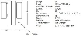 Aplica moderna cu spot LED directionabil USB Charger Hotel negru