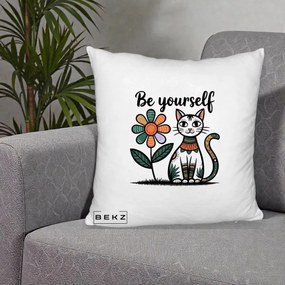 Perna Personalizata Be Yourself Pisica Folk, 40x40 cm, Alb Pufos, Husa Detasabila, Perna Inclusa, BEKZ®