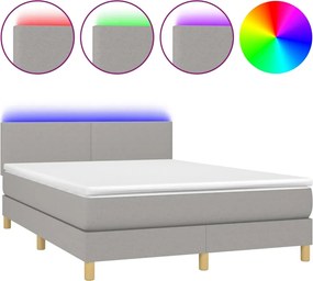 vidaXL Pat cu arcuri, saltea și LED, gri deschis, 140x190 cm, textil