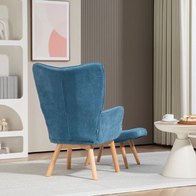 HOMCOM Fotoliu Accent cu Otoman, Fotoliu de Relaxare cu Aspect de Cord, Fotoliu cu Brate de Lemn, pentru Living, Albastru | Aosom Romania