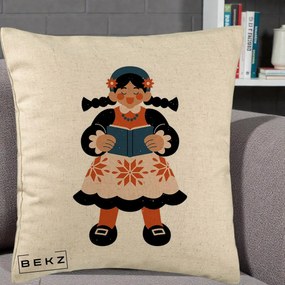 Perna Personalizata Fetita cu Carte Ilustratie Folk, 40x40 cm, Bej, Husa Detasabila, Perna Inclusa, BEKZ®