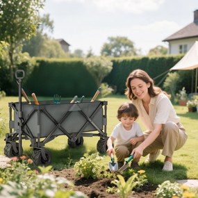 Outsunny Cărucior de Grădină cu Mâner Telescopic, Cărucior Metalic cu Spațiul de Depozitare din Material Oxford, 108x55 cm, Gri