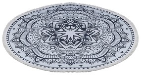 Covor rotund pentru living/dormitor  cu motive mandala diametru  120 cm bumbac tesut  alb/negru