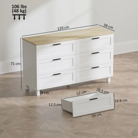 HOMCOM Comodă cu 6 Sertare Modernă din PAL, Lemn de Pin și MDF, 120x38x71 cm, Alb și Culoare Lemn | Aosom Romania