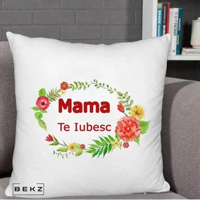 Cadou pentru Mama - Perna Personalizata Mama Te Iubesc Flori Rosii, 40x40 cm, Alb Pufos, Husa Detasabila, Perna Inclusa, BEKZ®