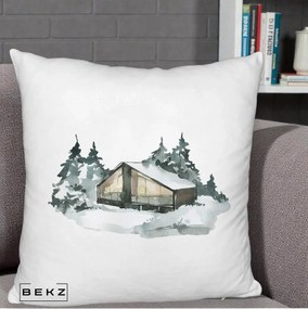 Perna Decorativa Cabana de Iarna in Padure, 40x40 cm, Alb Pufos, Husa Detasabila, Perna Inclusa, BEKZ®