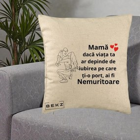 Cadou pentru Mama - Perna Personalizata Mama Nemuritoare Portret Graphic, 40x40 cm, Bej, Husa Detasabila, Perna Inclusa, BEKZ®