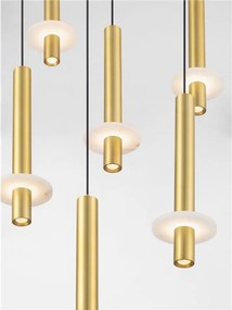 Lustra cu 7 Pendule tub subtire aluminiu auriu si alabastru LED NOEMI