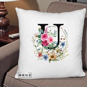 Cadou Personalizat - Perna Personalizata Monogram Litera U cu Flori Acuarela, 40x40 cm, Alb Pufos, Husa Detasabila, Perna Inclusa, BEKZ®