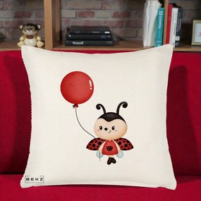Perna Decorativa Buburuza cu Balon Rosu, 40x40 cm, Crem Reliefat, Husa Detasabila, Perna Inclusa, BEKZ®