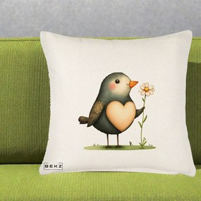 Perna Decorativa Pasare cu Inima si Margareta, 40x40 cm, Crem Reliefat, Husa Detasabila, Perna Inclusa, BEKZ®