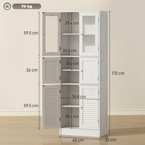HOMCOM Dulap pentru baie cu 3 compartimente și 2 uși din sticlă și lemn, rafturi reglabile, 60x30x170 cm, alb | Aosom Romania