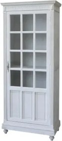 Dulap vitrină French Country din lemn de pin, alb, cu 1 ușă vitrată, 4 rafturi și cornișă canelată, 173 x 66 x 37,5 cm, „Ardelia”