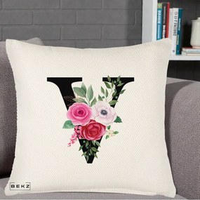 Cadou Personalizat - Perna Personalizata Monograma Florala Litera V cu Buchet, 40x40 cm, Crem Reliefat, Husa Detasabila, Perna Inclusa, BEKZ®