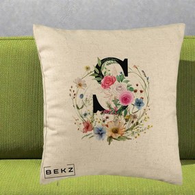 Cadou Personalizat - Perna Personalizata Monogram Litera S cu Flori Acuarela, 40x40 cm, Bej, Husa Detasabila, Perna Inclusa, BEKZ®