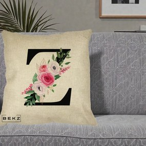 Cadou Personalizat - Perna Personalizata Monograma Florala Litera Z cu Buchet, 40x40 cm, Crem, Husa Detasabila, Perna Inclusa, BEKZ®