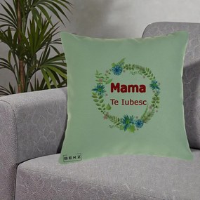 Cadou pentru Mama - Perna Personalizata Mama Te Iubesc Flori Albastre, 40x40 cm, Verde, Husa Detasabila, Perna Inclusa, BEKZ®