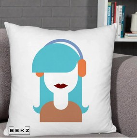 Perna Decorativa Fata cu Casti Muzica Grafic, 40x40 cm, Alb Pufos, Husa Detasabila, Perna Inclusa, BEKZ®