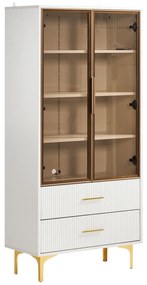 Vitrină Elegantă din Sticlă, cu Picioare Aurii și Rafturi Reglabile, Iluminare LED Multicoloră, potrivită pentru living, birou, 70x35x150 cm, Albă