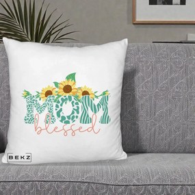Cadou pentru Mama - Perna Personalizata Mom Blessed cu Floarea Soarelui Animal Print Teal, 40x40 cm, Alb Pufos, Husa Detasabila, Perna Inclusa, BEKZ®