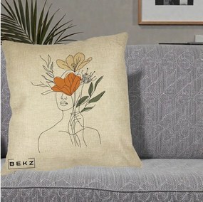 Perna Decorativa Portret Feminin Coroana Florala, 40x40 cm, Crem, Husa Detasabila, Perna Inclusa, BEKZ®
