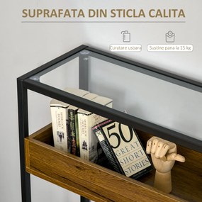 HOMCOM Masa Consola pentru Intrare in Stil Industrial, Blat din Sticla, Cadru  din Otel si Lemn, Masuta pentru Living si Sufragerie, Maro Rustic