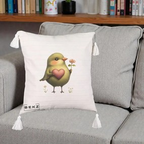 Perna Decorativa Pasare Verde cu Inima si Floare, 40x40 cm, Bej cu Franjuri, Husa Detasabila, Perna Inclusa, BEKZ®