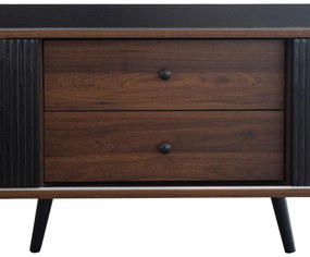 Comodă TV cu 2 sertare, uși glisante cu dungi și picioare stabile din lemn, 160x40x58 cm, Negru
