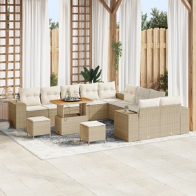 vidaXL Set de canapele pentru grădină , 13 piese, cu perne, din rattan poly și acacia, bej.