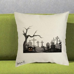 Perna Decorativa Halloween Cimitir Acuarela cu Dovleac, 40x40 cm, Ecru, Husa Detasabila, Perna Inclusa, BEKZ®