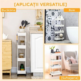 HOMCOM Cărucior Bucătărie Multifuncțional cu 4 Polițe și 3 Cârlige, Oțel și Plastic, 40x19x90 cm, Alb | Aosom Romania