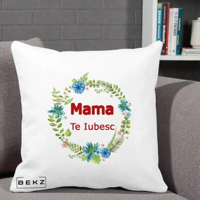 Cadou pentru Mama - Perna Personalizata Mama Te Iubesc Flori Albastre, 40x40 cm, Alba Mata, Husa Detasabila, Perna Inclusa, BEKZ®