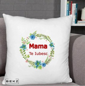 Cadou pentru Mama - Perna Personalizata Mama Te Iubesc Flori Albastre, 40x40 cm, Alb Pufos, Husa Detasabila, Perna Inclusa, BEKZ®
