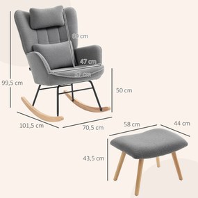 HOMCOM Scaun leagan cu taburet, husă fleece moale, picioare din lemn, pernă, spătar înalt, fotoliu leagan, gri închis | Aosom Romania