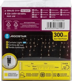 Lanț LED decorativ de exterior Aigostar 75xLED/6W/230V 15x0,6m IP44 alb cald