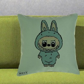 Perna Personalizata Labubu Albastru-Gri Solo, 40x40 cm, Verde, Husa Detasabila, Perna Inclusa, BEKZ®