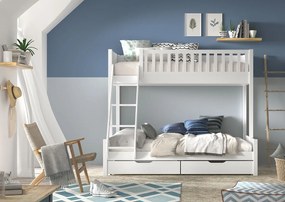 Pat suprapus familie pentru copii SCOTT, alb, 140 x 200 cm + 90 x 200 cm, din pin scandinav masiv, cu 2 sertare pentru depozitare – Vipack