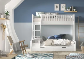 Pat suprapus familie pentru copii SCOTT, alb, 140 x 200 cm + 90 x 200 cm, din pin scandinav masiv, cu 2 sertare pentru depozitare – Vipack
