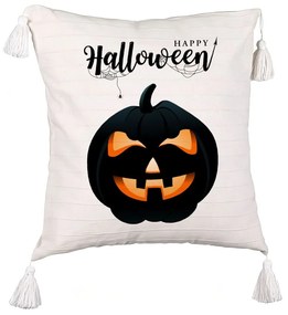 Perna Decorativa cu Franjuri cu motiv Dovleac de Halloween si Text, 45x45 cm, Ecru, Cu fermoar