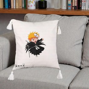Perna Personalizata Bleach Ichigo Chibi cu Masca, 40x40 cm, Bej cu Franjuri, Husa Detasabila, Perna Inclusa, BEKZ®