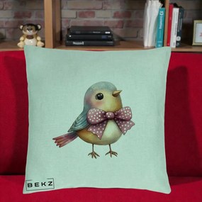 Perna Decorativa Pasare Bleu cu Fundita Roz, 40x40 cm, Verde Menta, Husa Detasabila, Perna Inclusa, BEKZ®