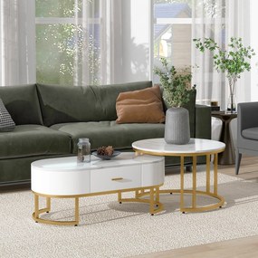 Set de 2 Măsuțe de Cafea Moderne cu Structură din Metal Auriu și Rafturi Spațioase, Dimensiuni 100x48x38,5 cm și 70x70x44,5 cm, Alb