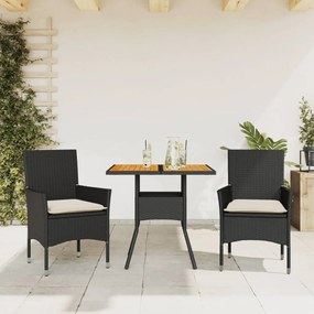 3278709 vidaXL Set mobilier grădină perne 3 piese negru poliratan/lemn acacia