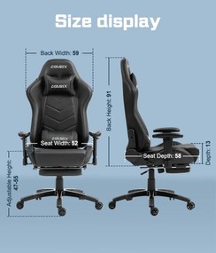 DOWINX Scaun gaming, ergonomic, suport lombar cu masaj, spătar rabatabil 90-180°, cotiere reglabile, suport pentru picioare, rezistent 150 kg, piele PU, Negru