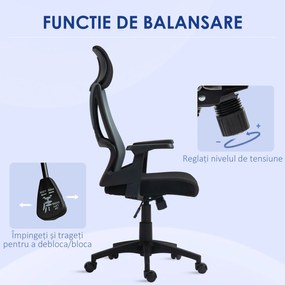 HOMCOM Scaun Ergonomic de Birou Înclinabil cu Suport Lombar, Tetieră și Înălțime Reglabilă, 66x58x115-123 cm, Negru | Aosom Romania