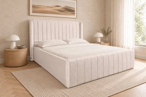 Pat tapițat din catifea Aurelia Simple 200×200 cm, crem, cu ladă de depozitare