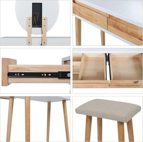 Masuta machiaj cu Oglinda LED si 2 Sertare pentru Cosmetice, Set Masa toaleta 70 cm, Alb, masuta cosmetica, vanity - SEM235