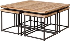 Măsuță de cafea cu scaune, pătrată, din lemn de tec, natur, set cu 4 taburete și cadru din metal negru, 40 x 90 x 90 cm, „Pocket”